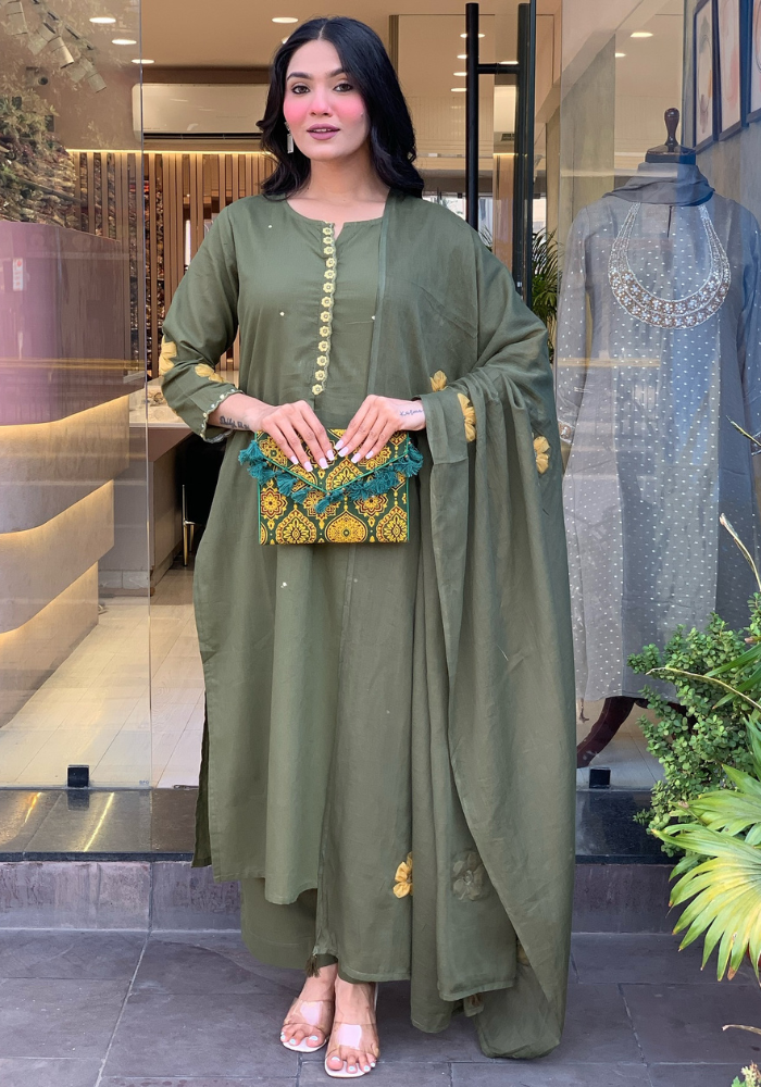 Olive Green Embroidered Chanderi Silk Kurta Set with Dupatta for Women