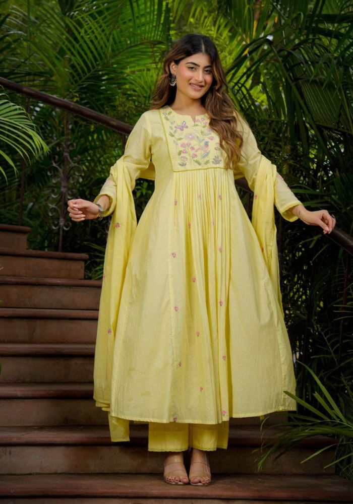 Sunshine Blossom Embroidered Chanderi Silk Anarkali Kurta Set with Dupatta
