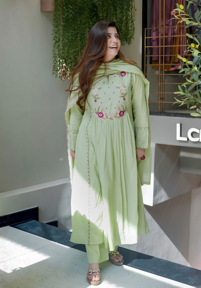 Pista Green Embroidered Chanderi Silk Anarkali Kurta Set with Organza Dupatta