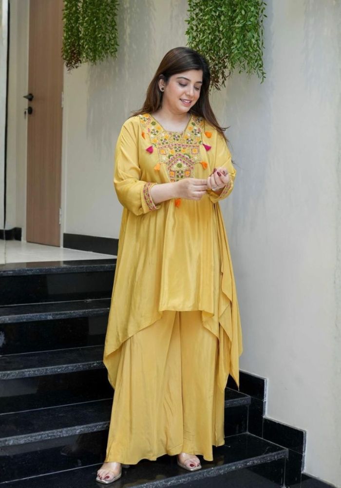 Mustard Yellow Embroidered French Crepe Kurta Palazzo Set for Women