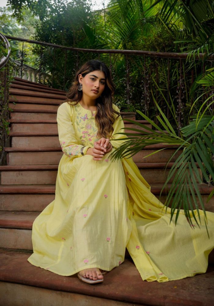 Sunshine Blossom Embroidered Chanderi Silk Anarkali Kurta Set with Dupatta