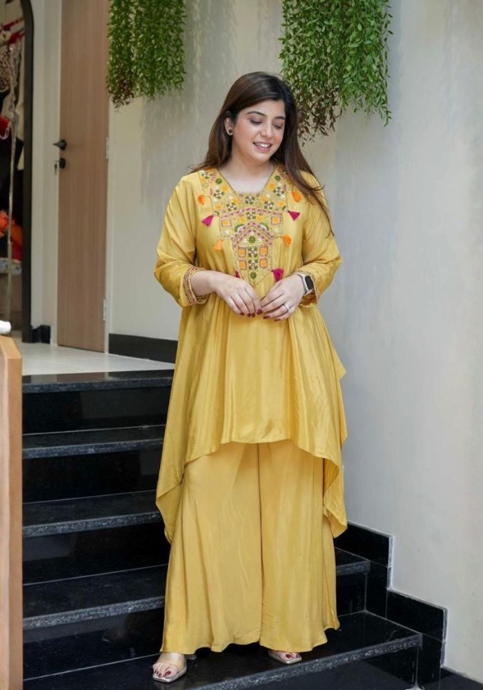 Mustard Yellow Embroidered French Crepe Kurta Palazzo Set for Women