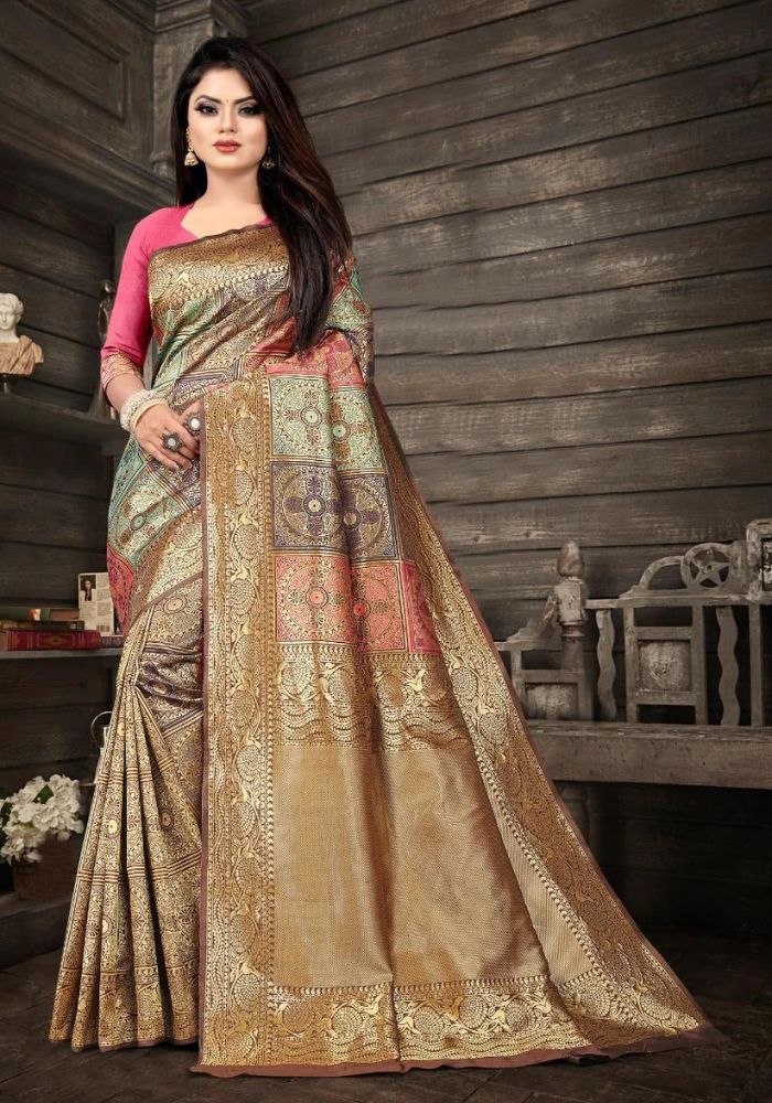 Luxury Multicolor Banarasi Satin Silk Saree with Rich Golden Zari Patchwork Border