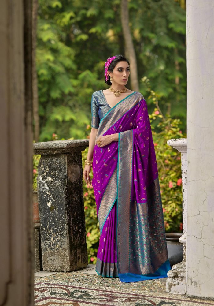 Traditional Banarasi Silk Saree in Purple with Floral Weaving
