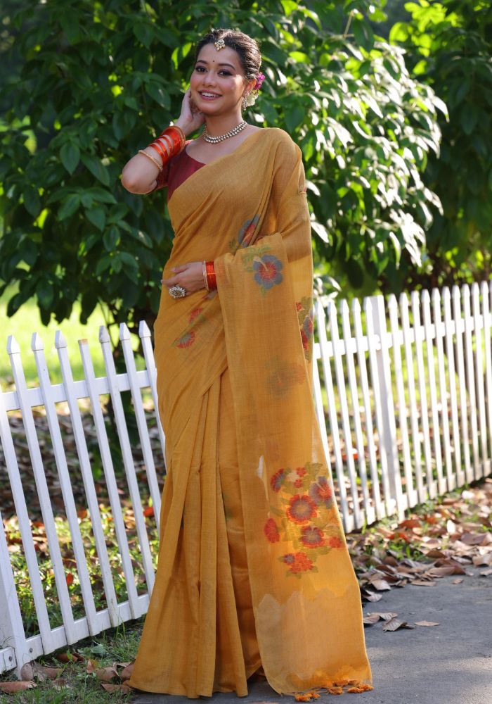Elegant Mustard Cotton Saree with Delicate Floral Print