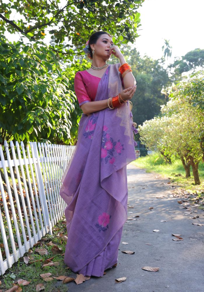 Elegant Purple Cotton Saree with Delicate Floral Print