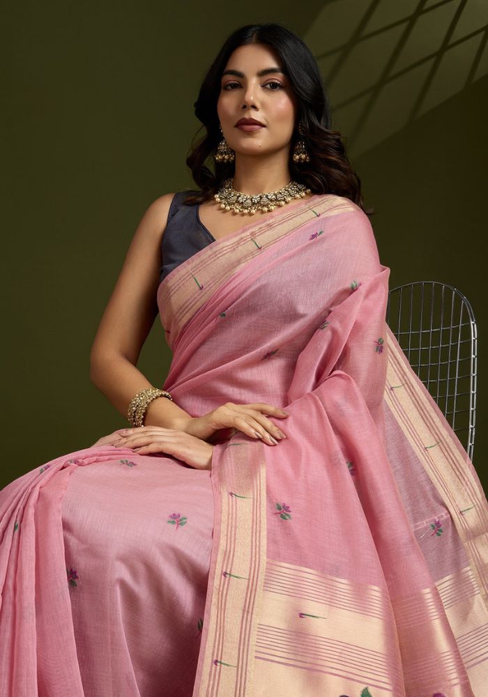 Blush Pink Muga Cotton Paithani Saree