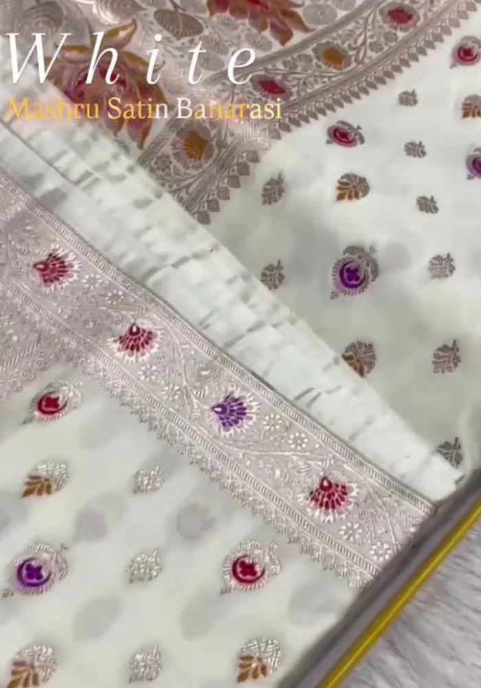 White Satin Mashru Banarasi Saree with Multicolor Meena Buta & Floral Zari Pallu