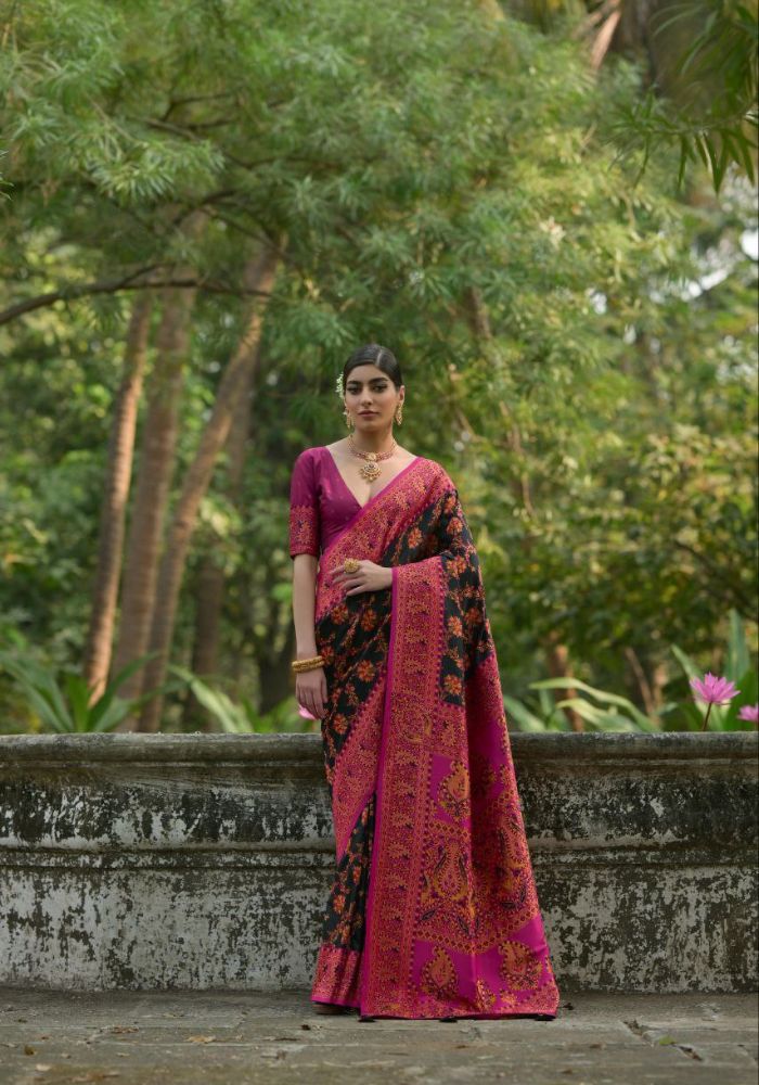 Luxury Woven Pashmina Silk Black Saree with All-Over Floral Design & Contrast Pallu