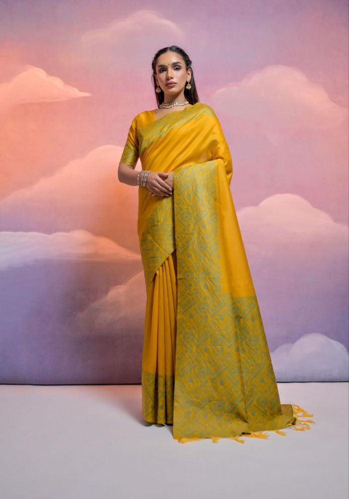 Traditional Mustard Silk Saree with Golden Zari Work