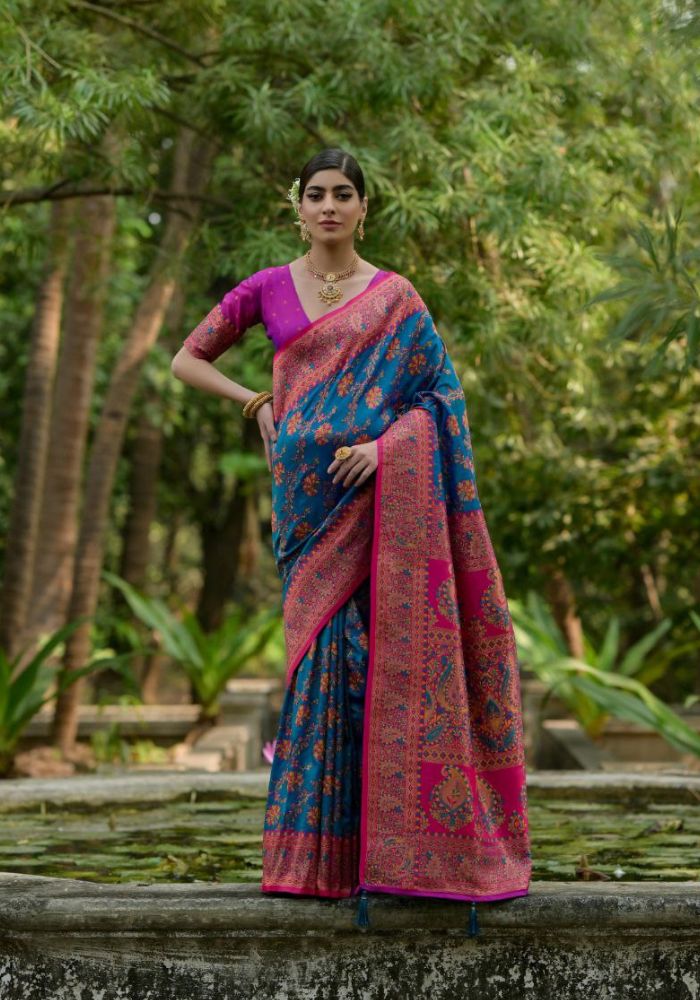 Luxury Woven Pashmina Silk Blue Saree with All-Over Floral Design & Contrast Pallu