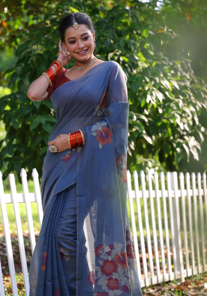 Elegant Blue Cotton Saree with Delicate Floral Print