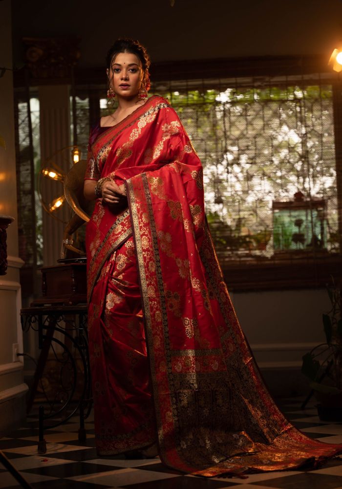 Oreange Banarasi Silk Saree with Intricate Zari Weaving
