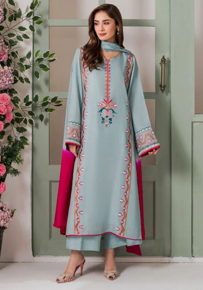 Sky Bloom Embroidered French Crepe Kurta Set with Chinon Double Dye Dupatta