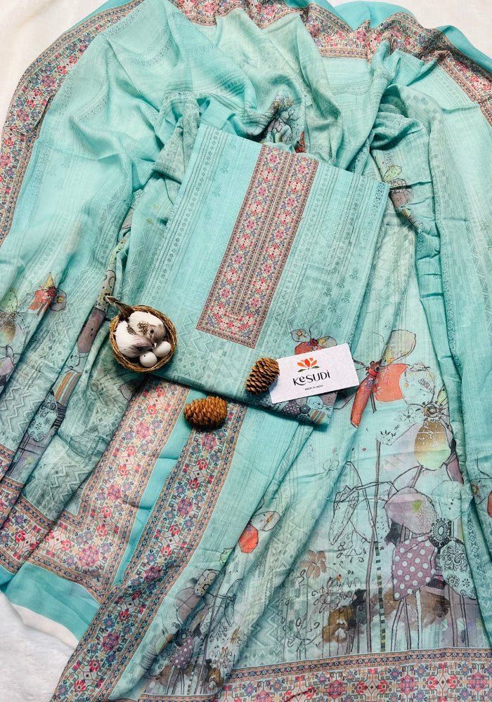 Bloomscape Sky Blue Unstitched Cotton Dress Material