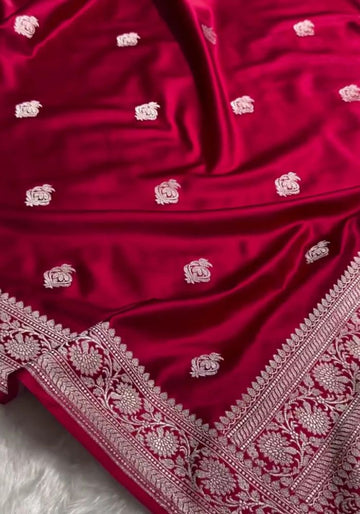 Rani Pink Banarasi Satin Saree with Zari Butta Motifs & Floral Zari Border