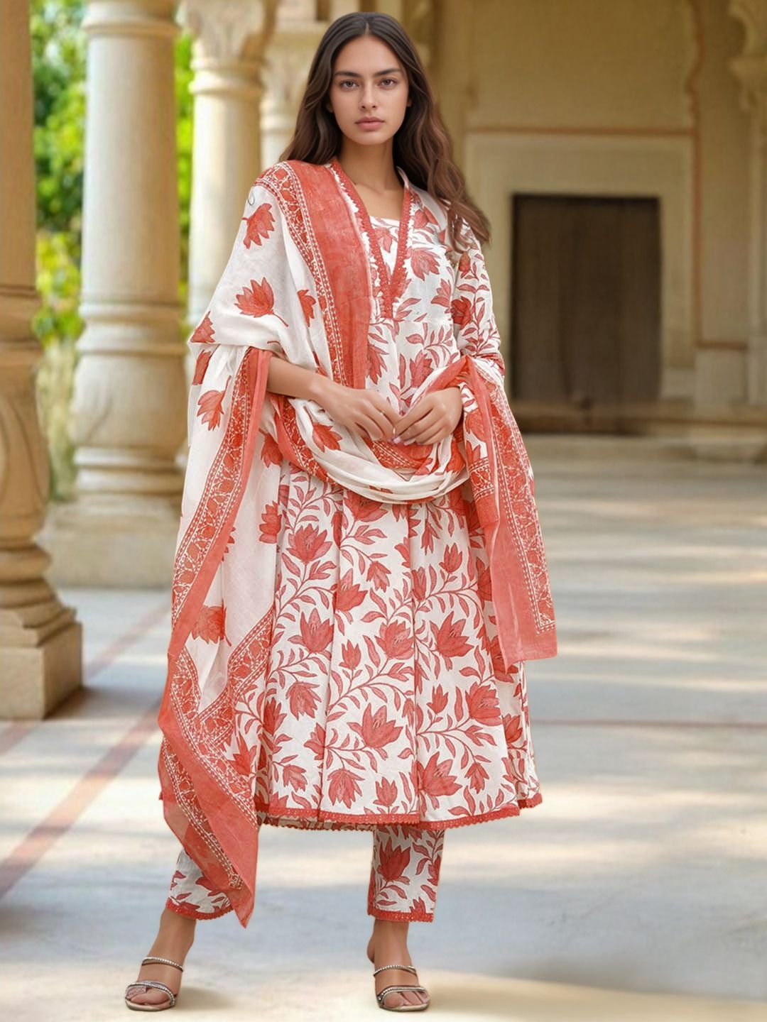 White Floral Printed Cotton Slub Kurta Set with Voile Silk Dupatta