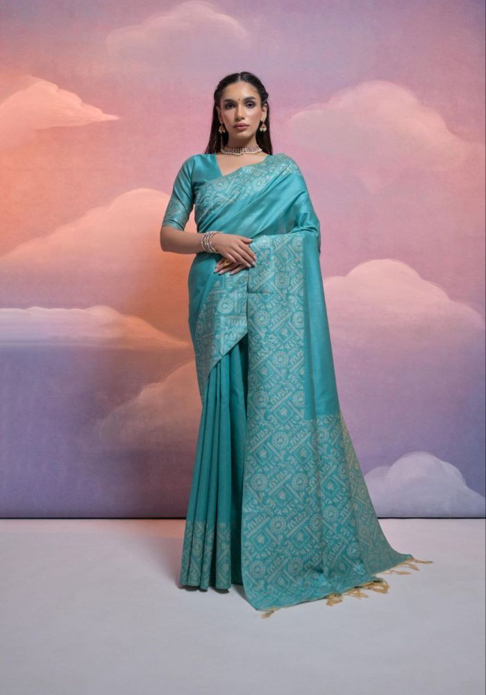 Traditional Sky Silk Saree with Golden Zari Work