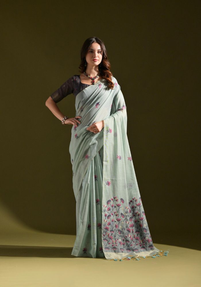 Elegant Sky Cotton Saree with Delicate Floral Embroidery