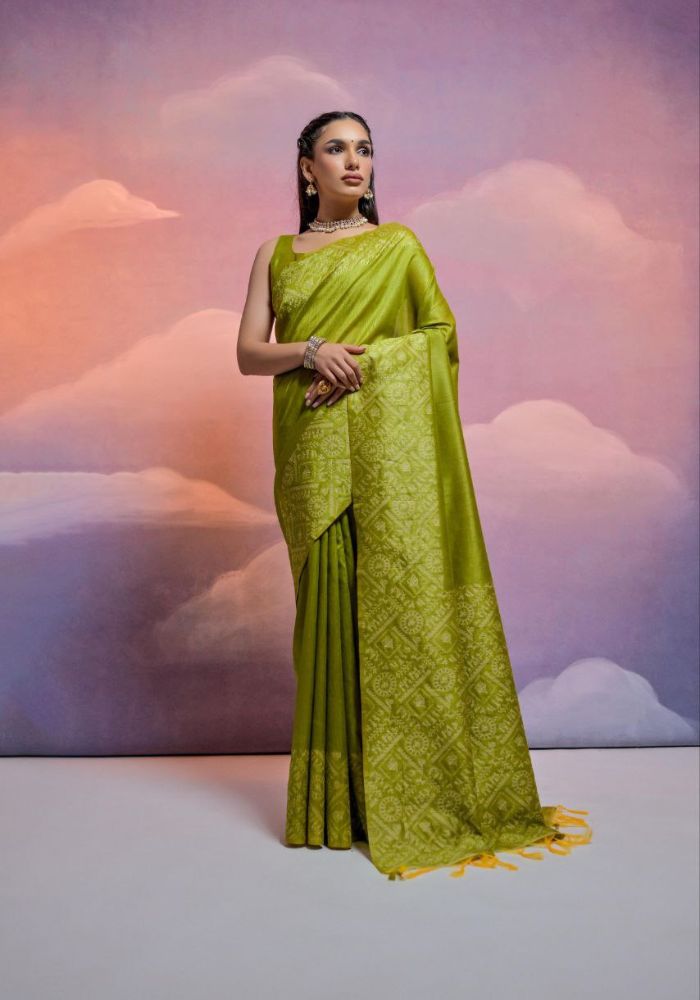 Traditional Olive Green Silk Saree with Golden Zari Work