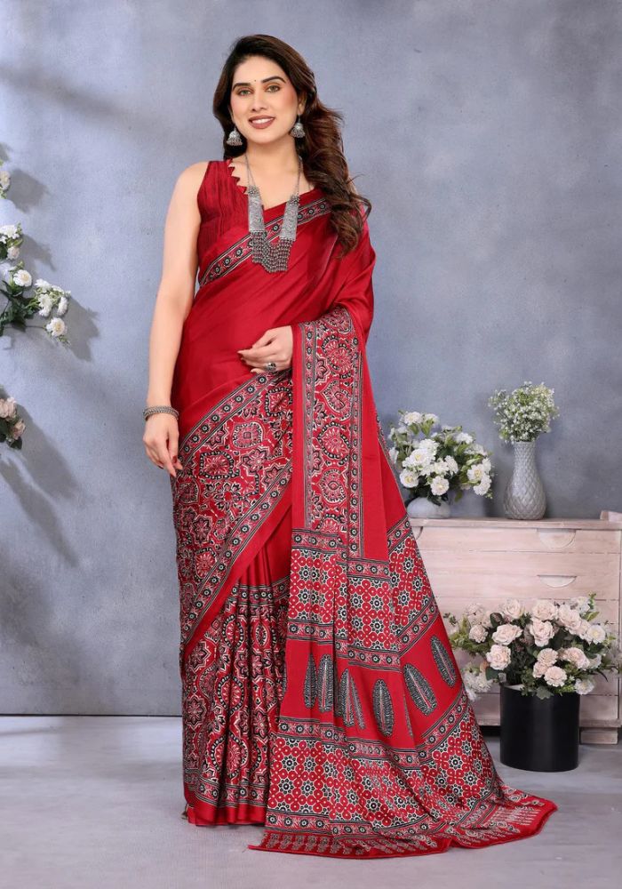 Red Banarasi Satin Silk Saree with Golden Zari Woven Border