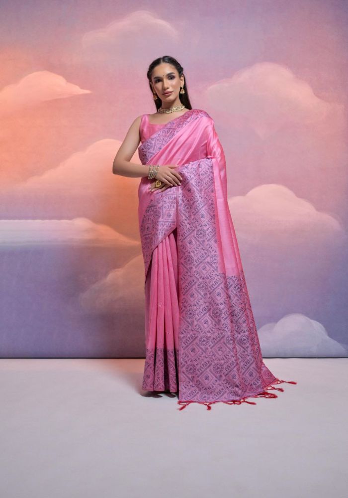 Traditional Rose Pink Silk Saree with Golden Zari Work