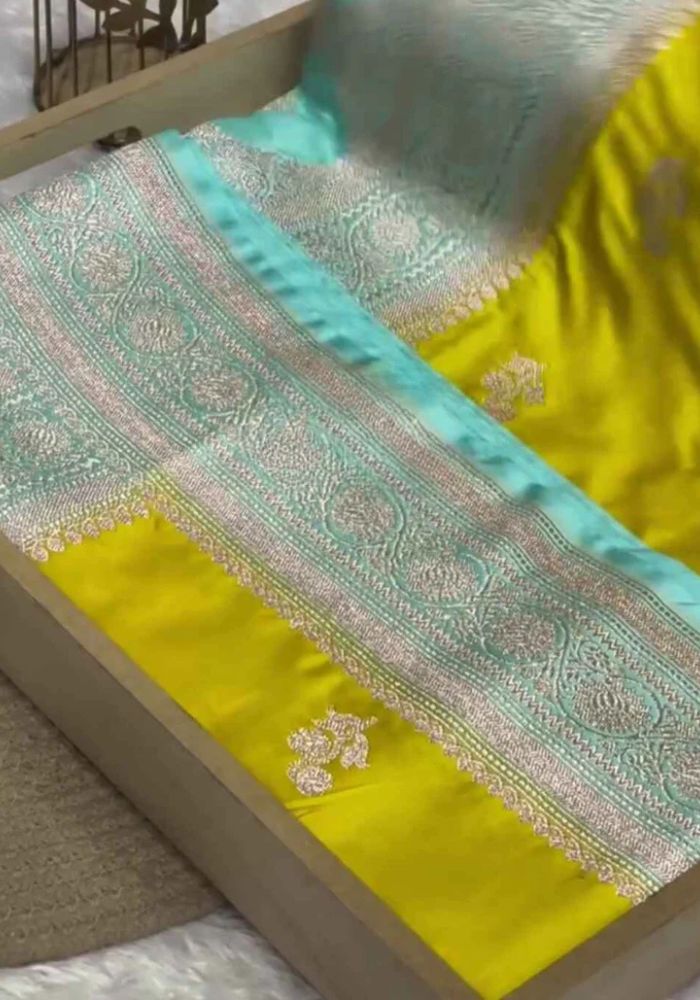 Bridal Yellow Banarasi Mashru Satin Silk Saree with Silver Zari Buti & Aqua Blue Border