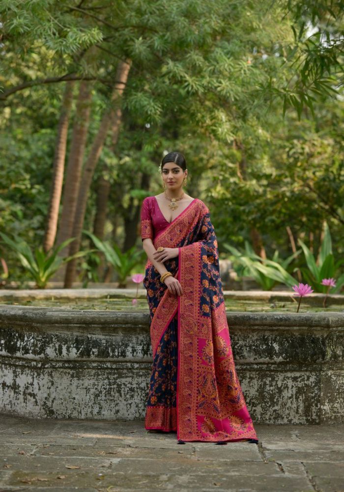 Luxury Woven Pashmina Silk Royal Blue Saree with All-Over Floral Design & Contrast Pallu