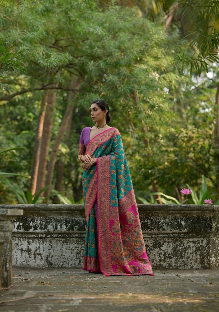 Luxury Woven Pashmina Silk Sky Saree with All-Over Floral Design & Contrast Pallu