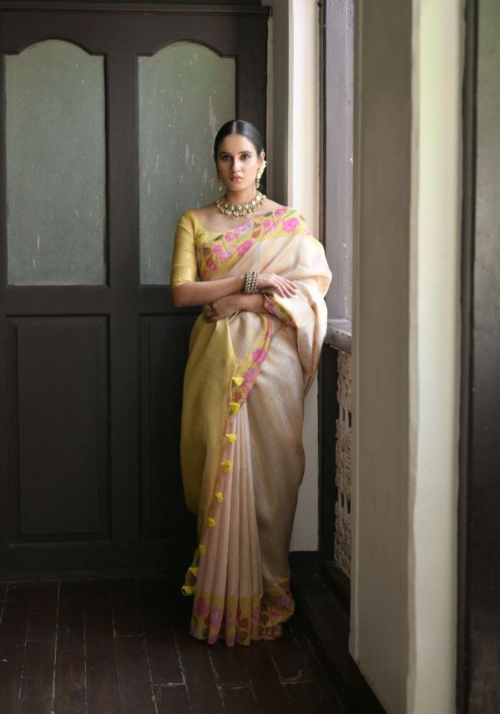 Ethereal Leamon Yellow Silk Saree with Floral Border