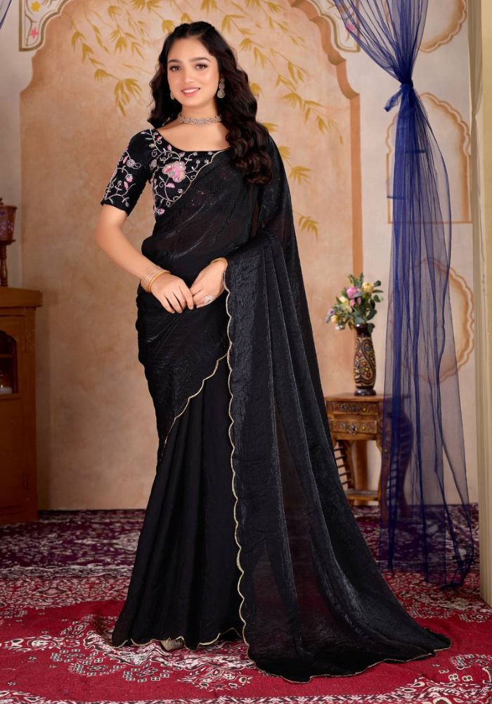Black Fendy Sartin Silk Saree