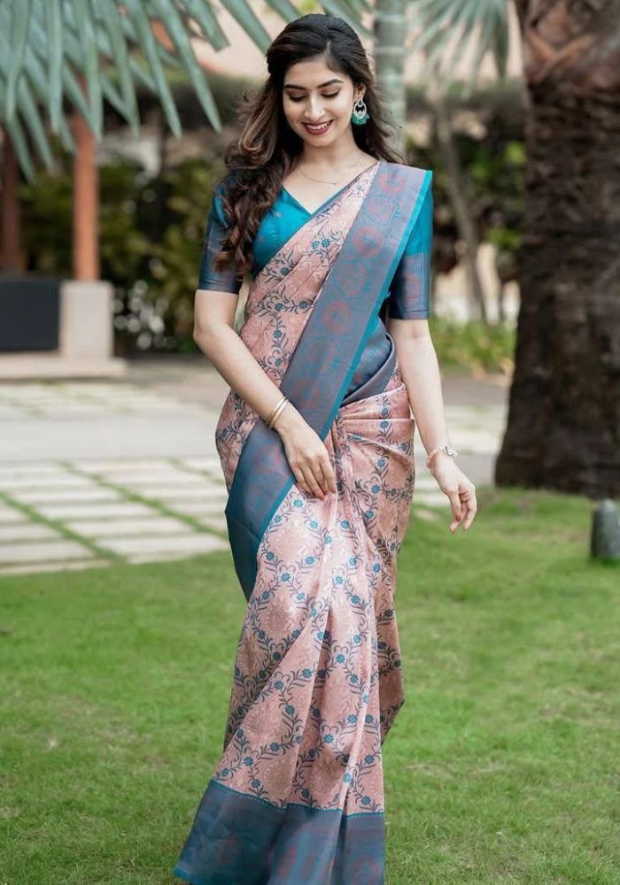 pink saree contrast blouse