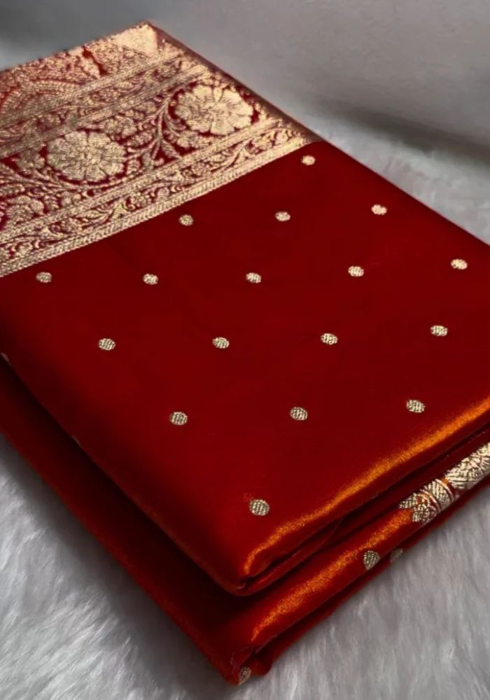 Classic Red Banarasi Satin Silk Saree with Golden Zari Butta & Rich Border