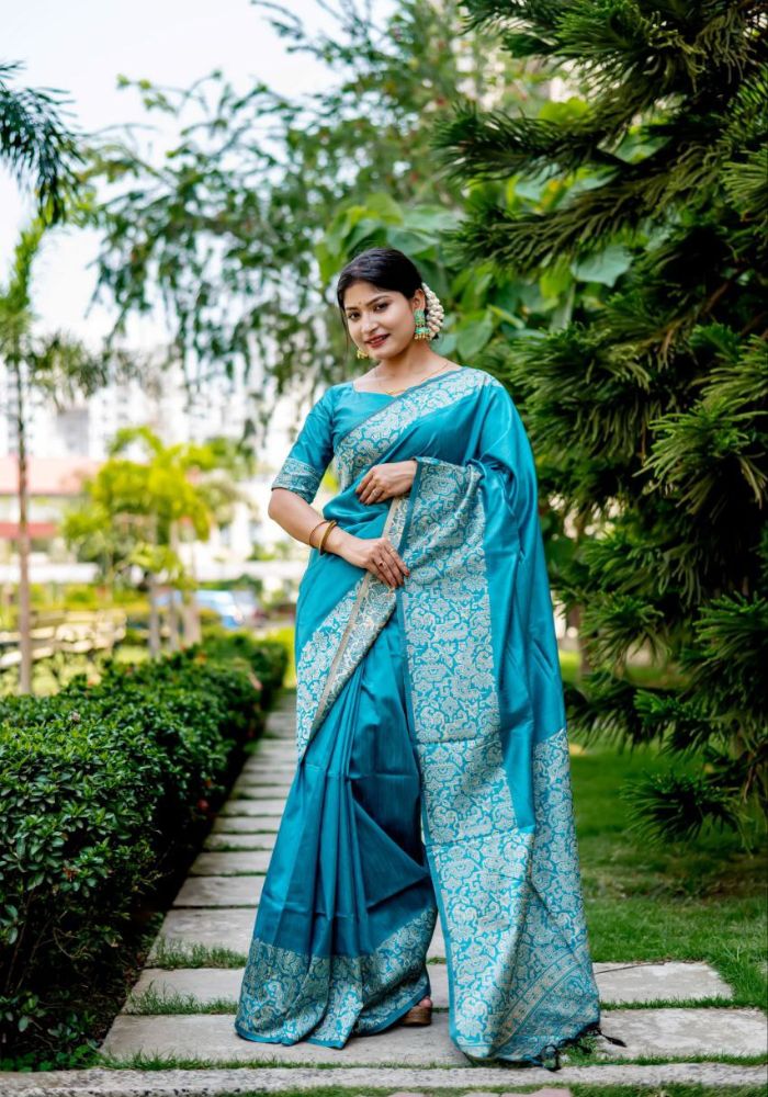 Blue Handloom Raw Silk Saree