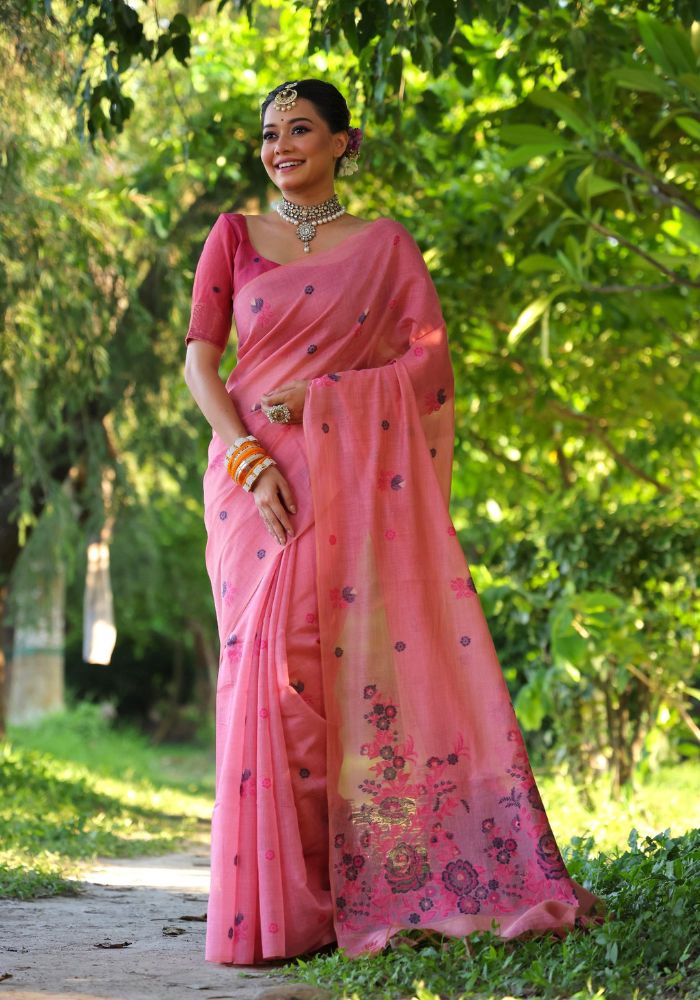 Graceful Soft Muga Pink Cotton Saree with Resham Floral Weaving & Tassels