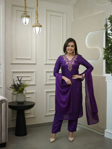 Purple Vichitra Embroidered Kurta Pant Set