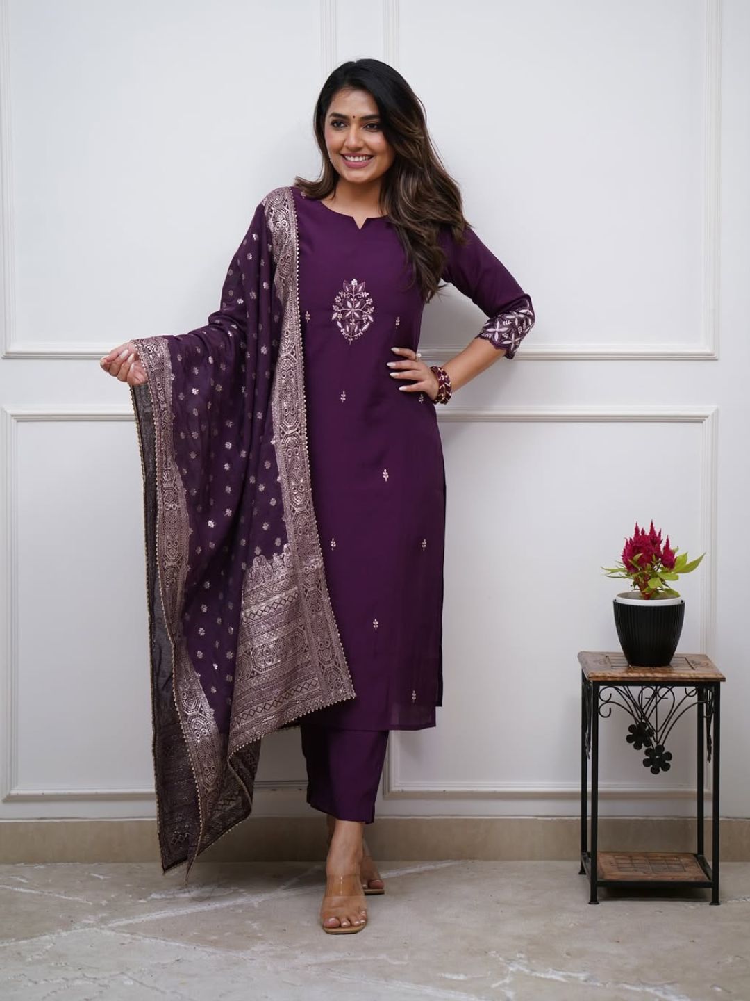 Women Purple Embroidered PV Chanderi Kurta Pant Set with Jacquard Woven Cotton Dupatta