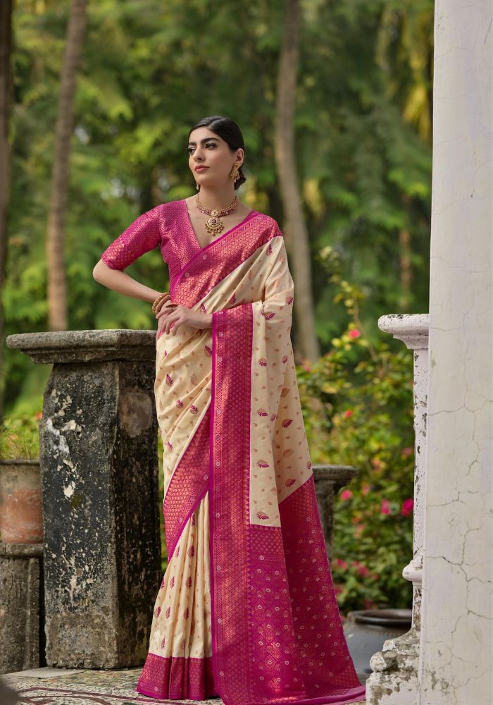 Traditional Banarasi Silk Saree in Beige with Floral Weaving