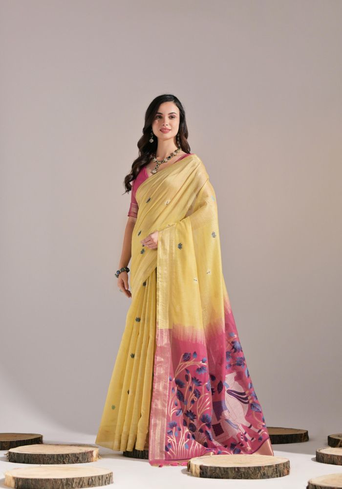 Festive Leamon Yellow Sari with Embroidered Buttis and Bold Border