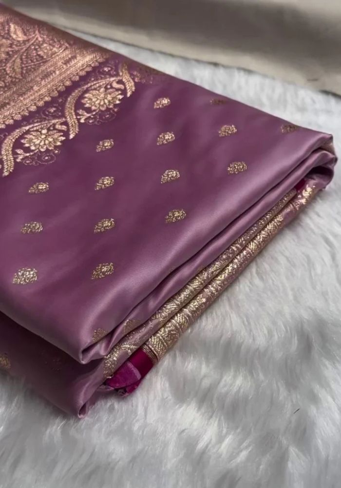Lavender Semi Katan Silk Banarasi Saree with Golden Zari Booti & Floral Border