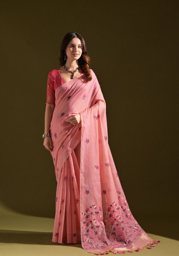 Elegant Pink Cotton Saree with Delicate Floral Embroidery