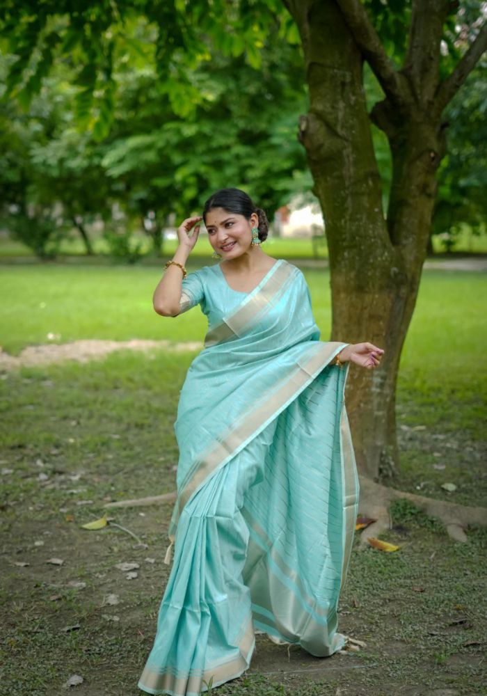 Delicate Sky Saree with Lustrous Finish and Gold Pallu