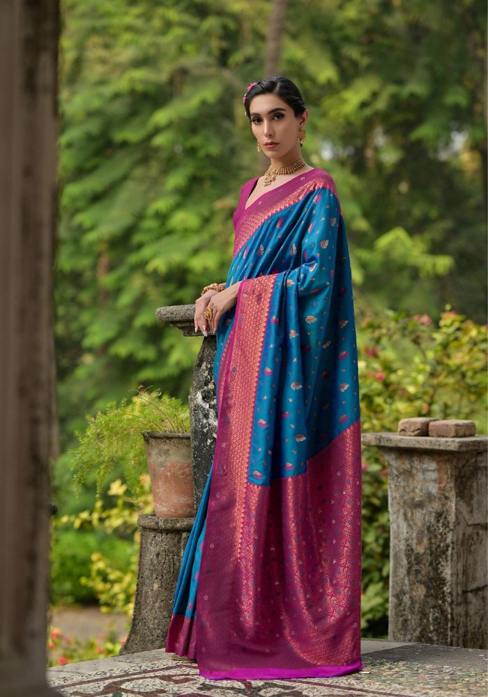 Traditional Banarasi Silk Saree in Blue with Floral Weaving