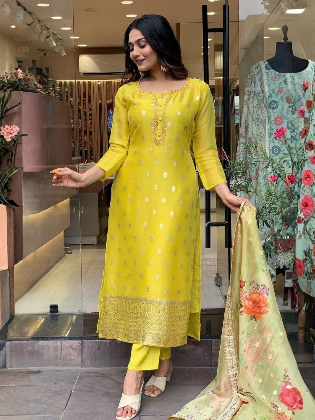 Mustard Yellow Viscose Organza Jacquard Kurta Set with Floral Dupatta