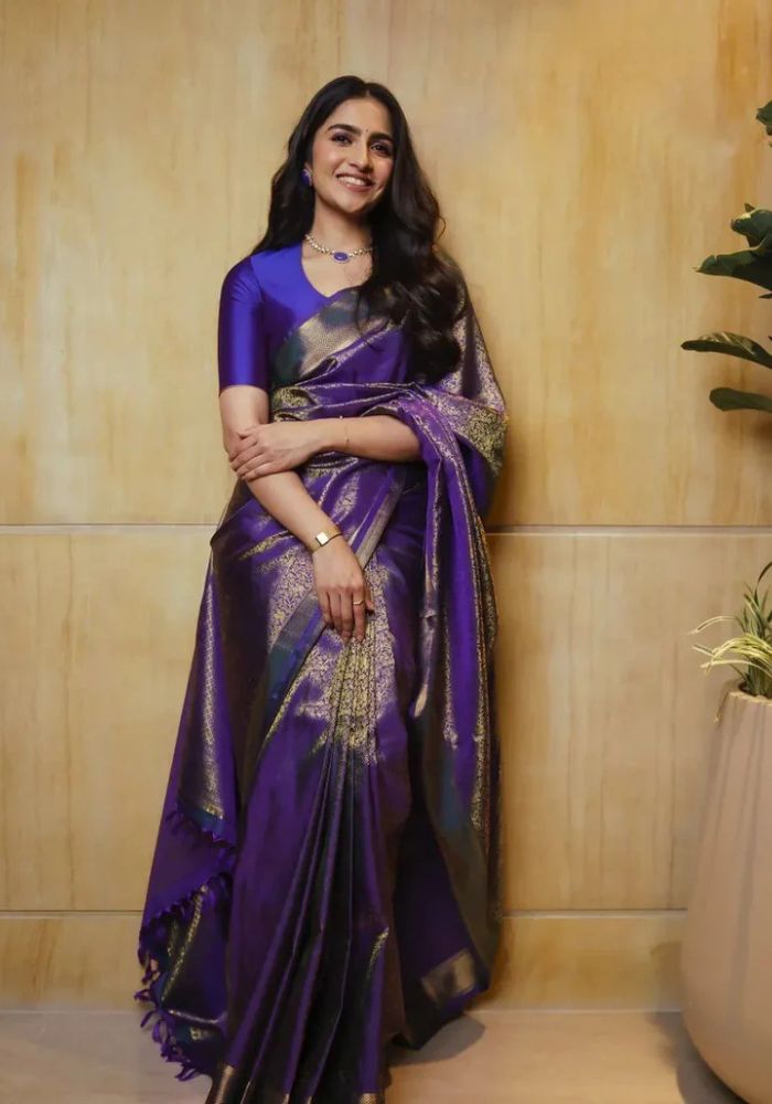 Royal Purple Banarasi Satin Silk Saree with Rich Golden Zari Woven Border