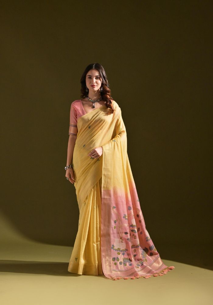 Designer Cotton Mustard Saree with Lotus Print