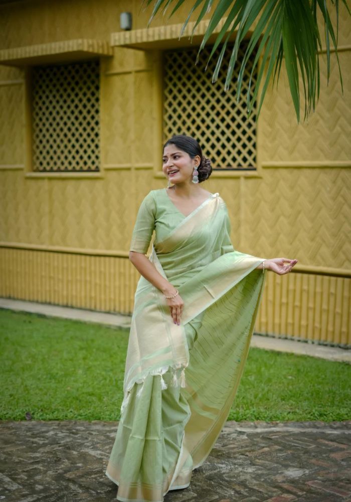 Delicate Pista Saree with Lustrous Finish and Gold Pallu