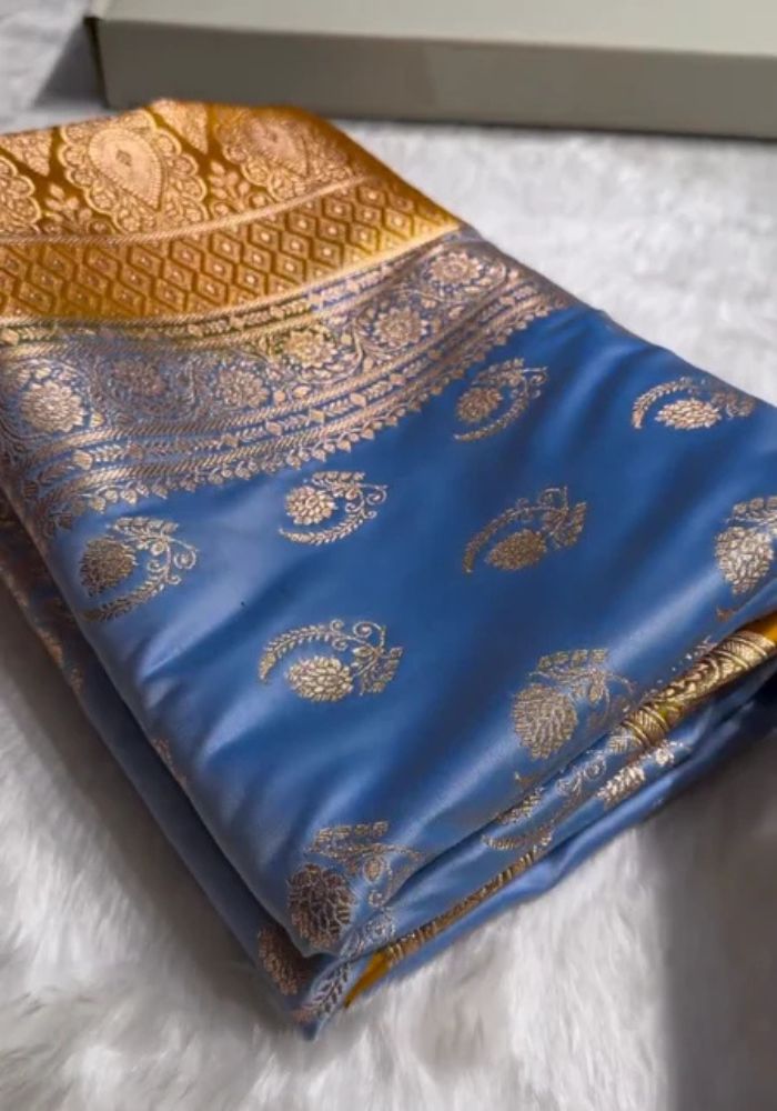 Sky Blue Katan Silk Saree with Golden Zari Weaving and Mustard Border