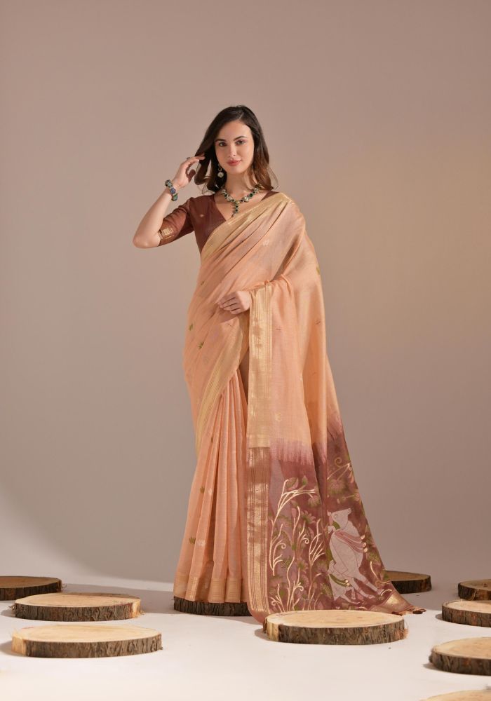 Festive Peach Sari with Embroidered Buttis and Bold Border