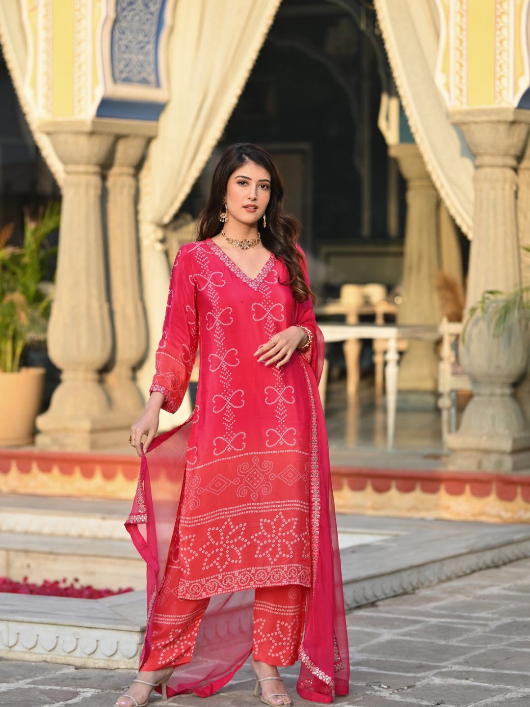 Peach Printed Chinnon Silk Kurta Set with Nazmeen Dupatta